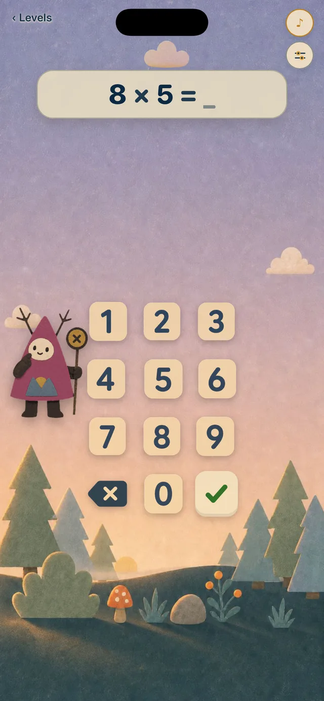 Quiet Forest Numbers showing eight times five, a number keypad and the sunrise forest scene.